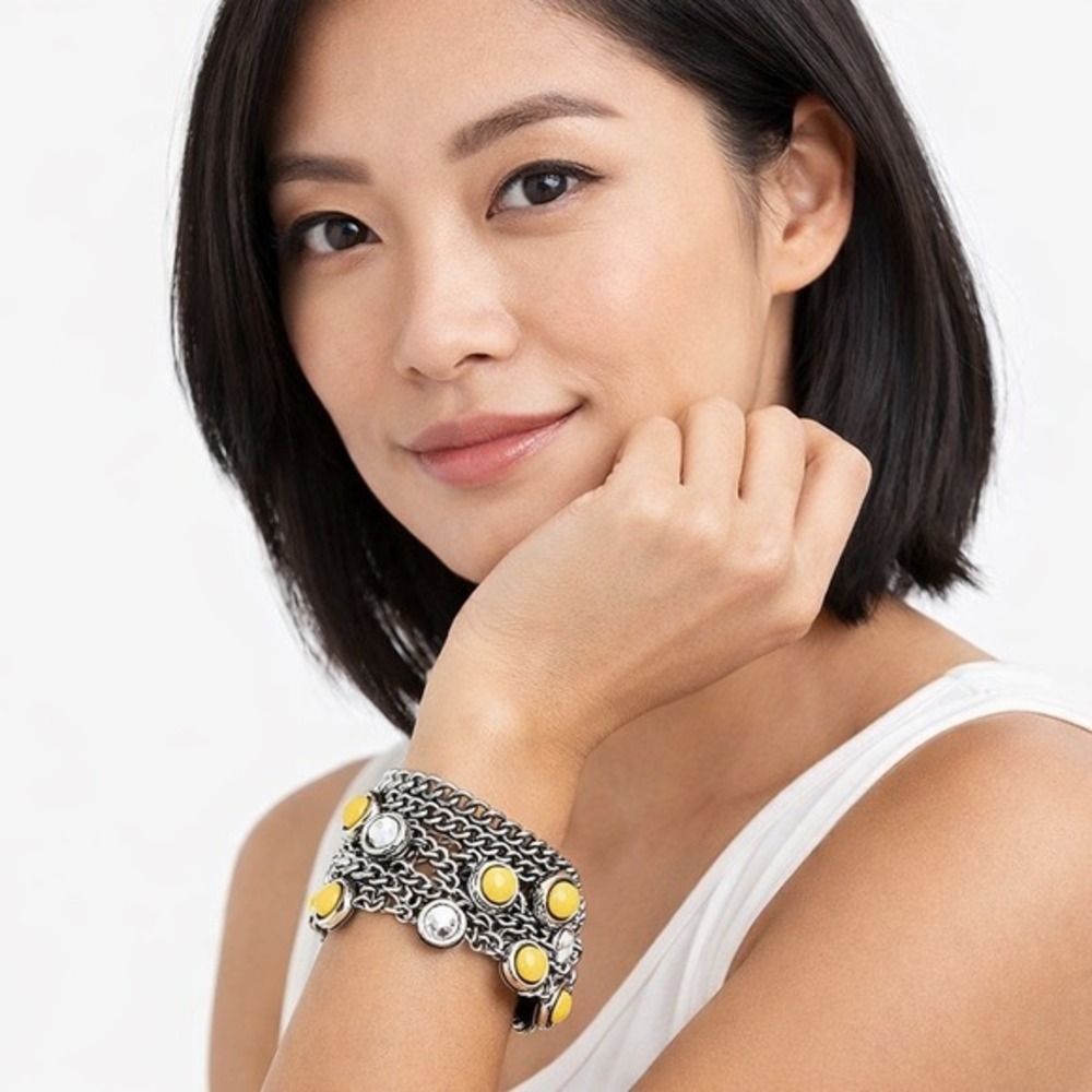 LOFT Silver Tone‎ Multi Strand Chain Bracelet Yellow Stones Clear Magnetic J-01